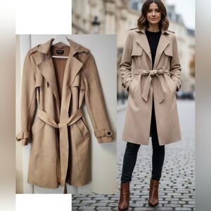 Bébé Faux Suede Belted Trench Coat with Tie Waist And Storm Flaps In Tan Size S